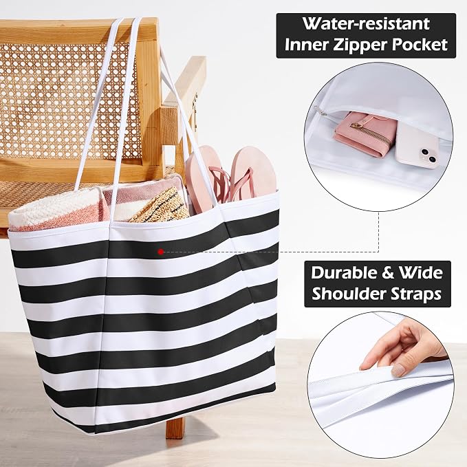 KALIDI Beach Tote Bag Women Large Waterproof Sandproof Shoulder Handbags | Foldable Grocery Bag Striped Pool Bag Lightweight Travel Purse for Picnic Travel Vacation Casual Errands Everyday Daily - Image 7