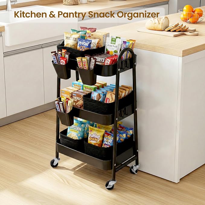 3-Tier Rolling Utility Cart with 4 Woven Baskets, Diaper Book Snack Cart, Storage Organizer for Nursery, Kitchen, Craft Room, Home SPA, Living Room, Metal Frame Trolley on Lockable Wheels, Black - Image 7