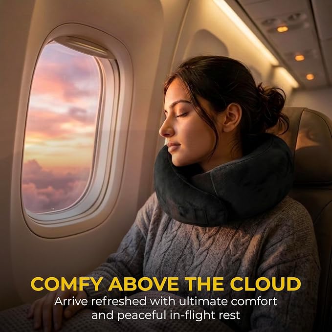 Travel Neck Pillow – Airplane Travel Essentials with Ergonomic Memory Foam Comfort – Premium Travel Pillows for Airplanes and Long Journeys, Compact Carry Pouch (Black) - Image 7