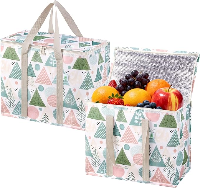 VENO 2 Pack Insulated Cooler Bag for Food Delivery, Reusable Grocery Bag | Heavy Duty Large Collapsible Cooler Shopping Tote w/ Zippers, Foldable, Stands Upright for Camping (Pastel Forest, 2 Pack) by Veno