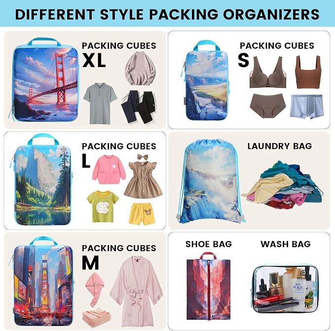 PFEYRPK Lightweight Compression Packing Cubes for Suitcases, Compressible Expandable Travel Packing Organizer with Clear Toiletries and Backpack Bag, Travel Essentials for Carry on Luggage 7 Set - Image 5