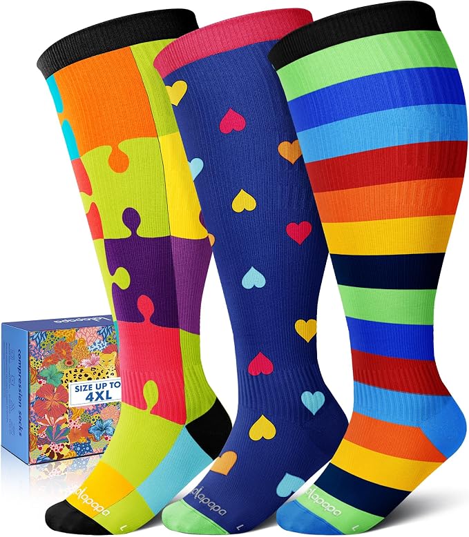 3-Pair Wide Calf Compression Socks for Women | 20-30mmHg Graduated Support, Easy On & Off, Knee High Length, Ankle Support, Travel Nurse Daily Wear, Cute Patterned by Lalapapa