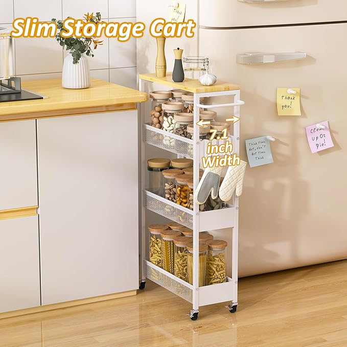 Vincona 7.1" Wide Slim Storage Cart on Wheels, 4 Tier Metal Narrow Rolling Cart with Handle and Wood Top, Multifunctional Small Mobile Shelf Unit Organizer Trolley for Laundry, Bathroom, Kitchen - Image 2