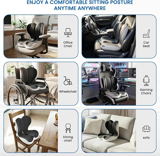 Car Seat Cushion Reducing Sciatica Pressure, Back & Tailbone Comfort | Hollow Design for Coccyx, Double-Sided Anti-Slip, Ergonomic Memory Foam Lumbar Cushion, Suitable for Long Sitting, 2PCS - Image 8