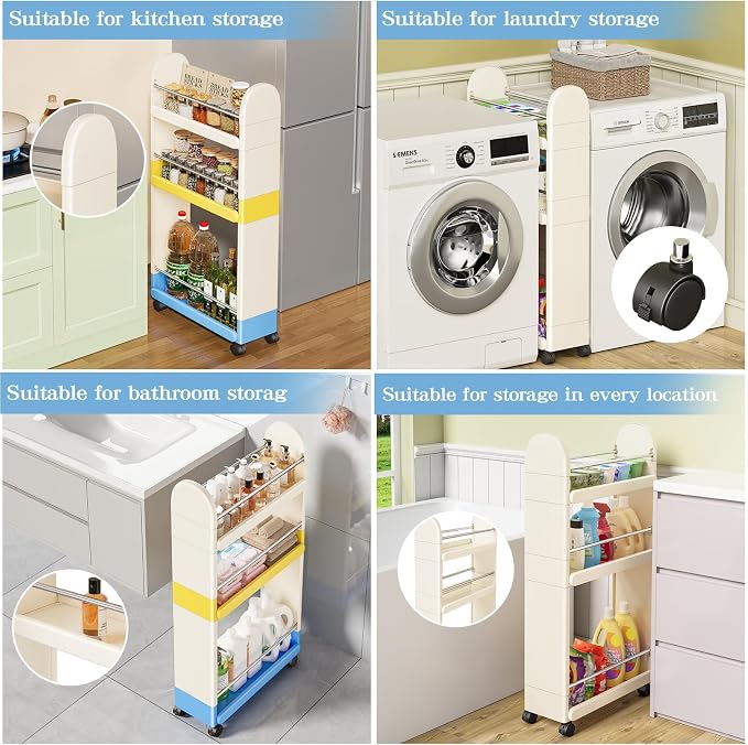 MiaLi 3 Tier Slim Storage Cart with Wheels, 1 PCS White Utility Slim Cart with Plastic, Adjustable Size for Laundry Kitchen Bathroom Narrow Places, Easy to Clean, Space Saving (White) - Image 3