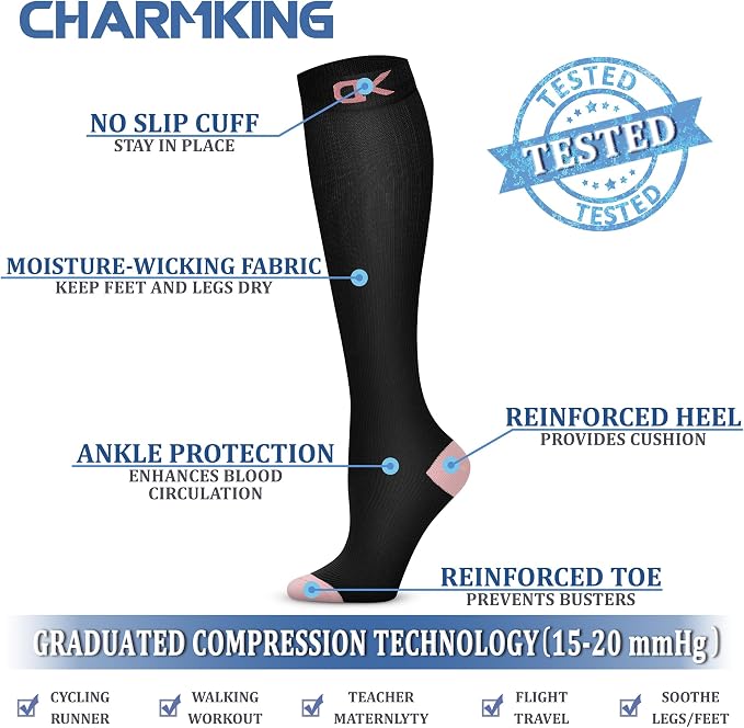 CHARMKING Compression Socks for Women & Men Circulation (3 Pairs) 15-20 mmHg is Best Support for Athletic Running Cycling - Image 5