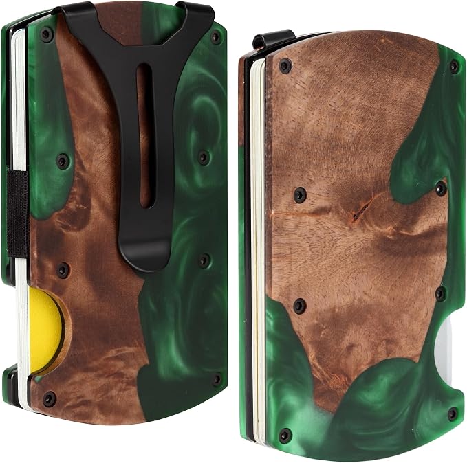 Minimalist Wallet for Men, Slim Metal RFID Blocking Wallet Credit Card Holder Money Clip & Cash Strap, Scratch-Resistant Holds 15 Cards,Ideal Gift for Men | Resin Wood, Unique Pattern,Green by Unknown