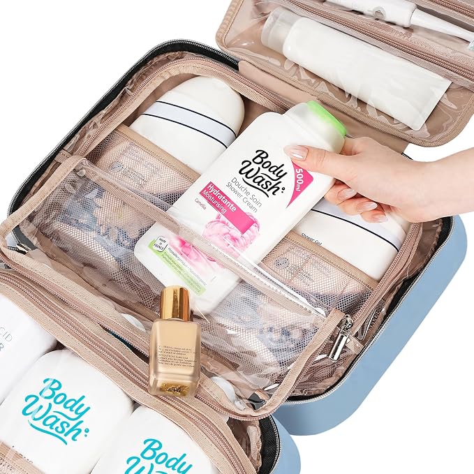 NISHEL Travel Toiletry Bag for women, Portable Hanging Organizer for Family-Sized Shampoo, Conditioner, Brushes Set, Makeup Accessories, Extra Large Size, Placid-Blue | for Family-Sized Shampoo, Conditioner, Brushes Set, makeup Accessories, Extra Large... - Image 6