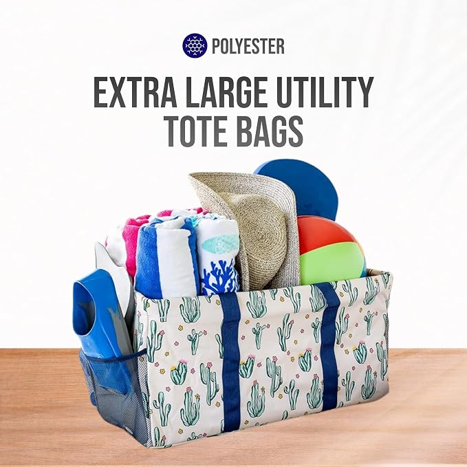 Extra Large Utility Tote Bag, Oversized Collapsible Reusable Wire Frame Rectangular Canvas Basket With Two Exterior Pockets For Beach, Pool, Laundry, Car Trunk, Storage - Cactus White - Image 7