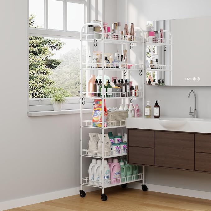 6 Tier Slim Rolling Storage Cart with Wheels, Metal Mobile Shelving Unit Organizer Utility Cart for Office Bathroom Kitchen Laundry Room Narrow Places (White 10 Inches) - Image 9