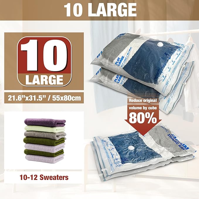 Vacuum Storage Bags, 10 Large Vacuum Seal Bags for Clothing | Extra Large XL, Airtight Triple Seal, Save 80% Space, Hand Pump, Work with Vacuum, Double Zip, Reusable, Easy to Use - Image 2