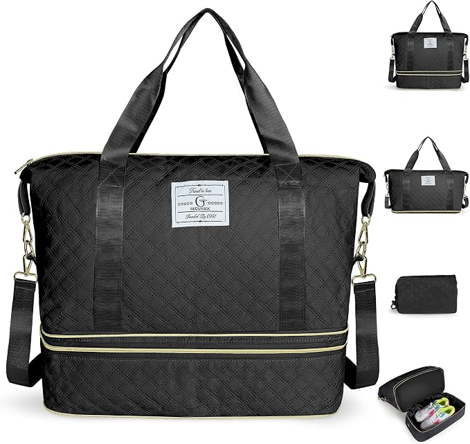 Geestock Travel Duffle Bag - Weekender Overnight Bags for Women, Black | Travel Bag with Expandable Shoe Compartment & Trolley Sleeve, Lightweight Carry On Bag with Drawstring Storage Pouch for Trip by Geestock