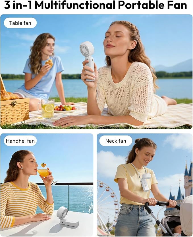 Gaiatop Portable Handheld Fan, Quiet 3 IN 1 Neck/Desk/Hand Fan | Max 18 Working Hours, 5 Speed Rechargeable Battery, Cooling for Travel, Beach, Women/Men Outdoor Activities Gifts White - Image 4