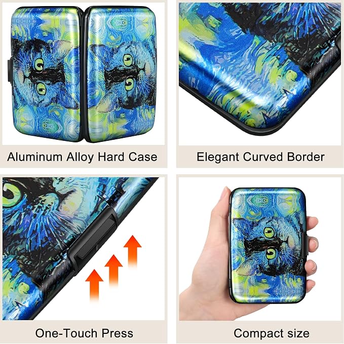 Mini RFID Aluminum Wallet Credit Cards Holder Business Card Case Metal ID Case for Men Women(Blue Cat) - Image 3