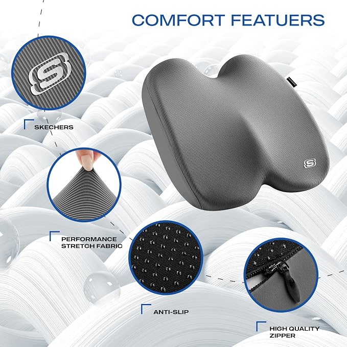 Skechers Seat Cushion, Ergonomic Memory Foam Cushion for Long Sitting Hours on Office & Home Chair, Car Seat Cushion for Sciatica, Coccyx Cushion,Gray - Image 3