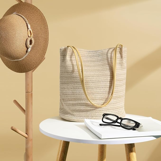 Tavaleu Straw Beach Bags for Women Tote Handbag Shoulder Hobo Bucket Bag | Lightweight, Foldable, PU Straps, Magnetic Closure, Zip Pocket, Reinforced Bottom, Summer Purse, Travel, Vacation, Daily Use - Image 7