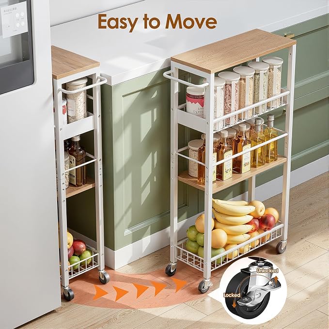 Slim Rolling Storage Cart, 4 Tier Narrow Storage Cart, 7.1in(W) | Metal Kitchen Rolling Cart for Small Spaces, Narrow Shelf for Kitchen, Laundry Room, Bathroom, Living Room - Image 4