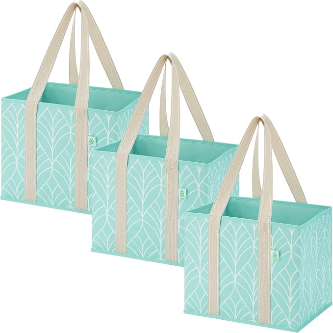VENO 3 Pack Heavy Duty Reusable Grocery Shopping Bags Utility Tote | Water Resistant, Storage Box with Sturdy Handles & Hard Bottom, Foldable for Groceries Shopping Cart(Evergreen, 6 Gallon) by Veno