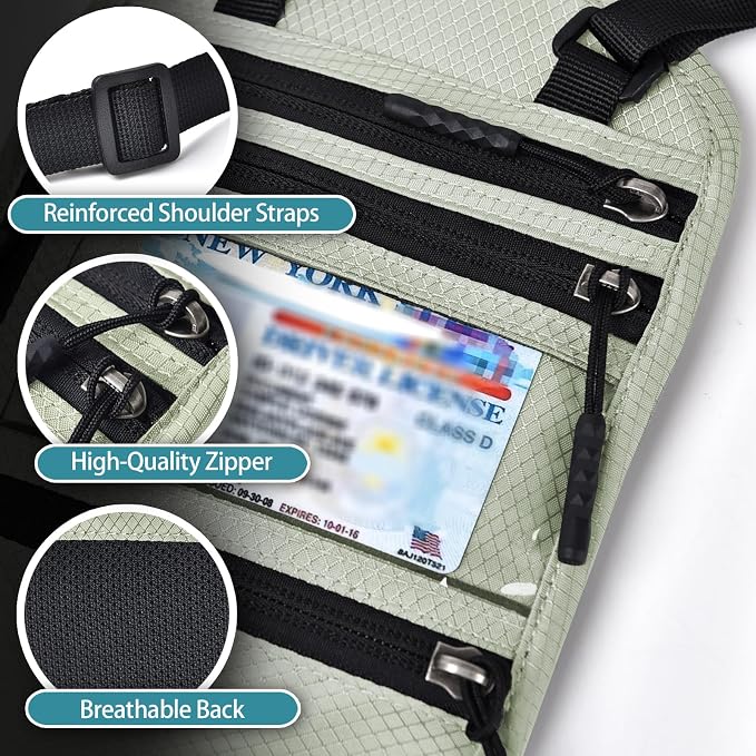 RFID Blocking Travel Neck Wallet–Hidden Passport Holder & Anti-Theft Money Pouch for Men & Women, Lightweight Concealed Travel Organizer with Adjustable Strap Secure Document (Grey Green) - Image 6