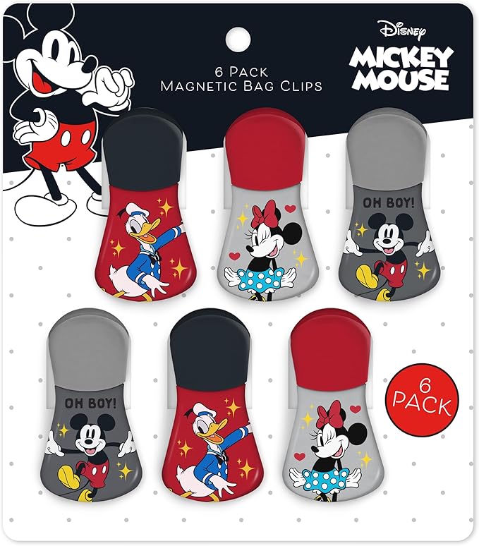 Disney Mickey & Friends Magnetic Chip Clips, Set of 6 | Airtight food storage bag clips for snack, cereal, and coffee bags, great for pantry and fridge, magnet displays kids artwork by BestBrands