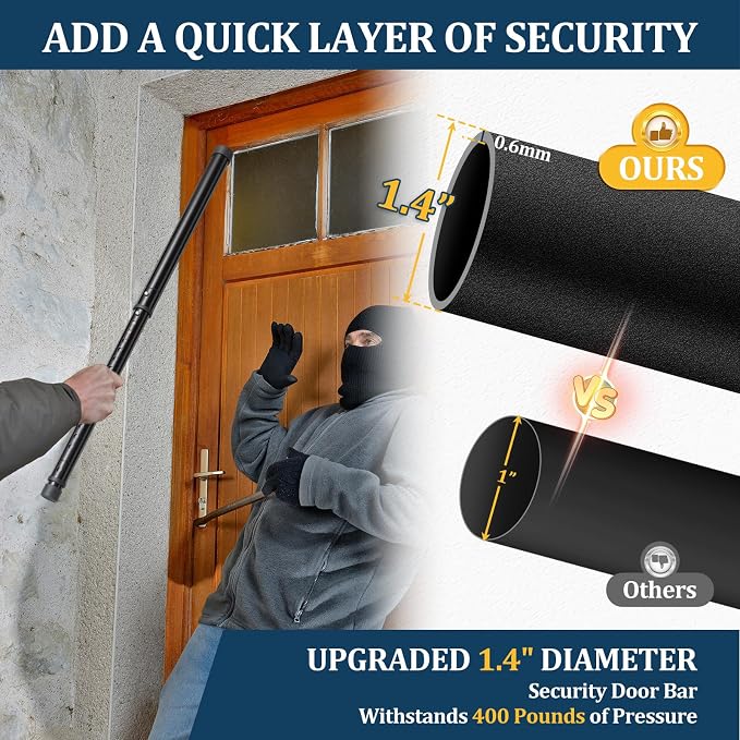 3-in-1 Door Security Bar, Heavy-Duty Metal Rod Sliding Patio Door Security Bar with 2.8" Non-Slip Base, 16"-41.7" Adjustable Door Barricade Security Bars for Doors & Windows,Home,Renters,Apartments - Image 8
