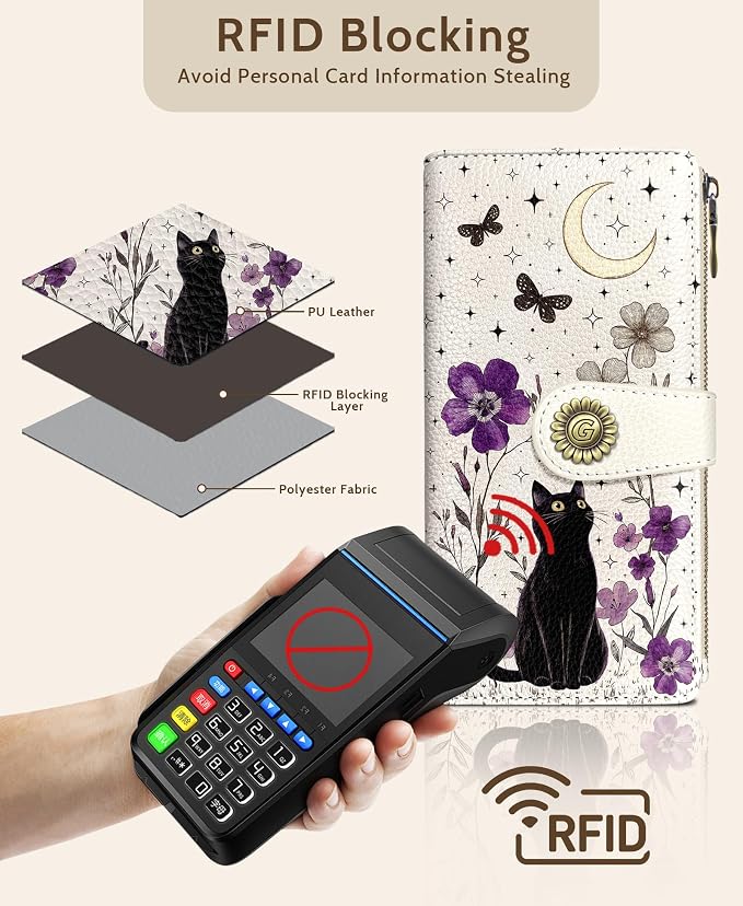 GIANCOMICS Black Cat Womens Wallet RFID Blocking, Credit Card Holder Bifold | Billfold, Cute Cash Purse, Travel Zipper Coin Pocket, Compact Clutch, PU Leather, ID Window, 11 Card Slots, Ladies Gift Woman - Image 4