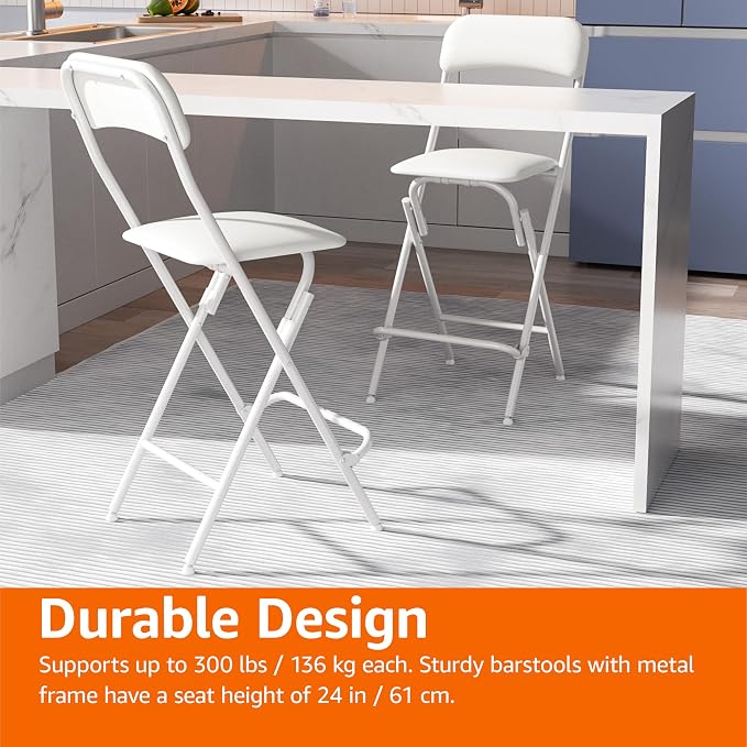 Amazon Basics Folding Bar Stool with Footrest, Portable, Sturdy, Space-Saving Storage, 300lb Capacity, 24" Height, White, Set of 2 - Image 5