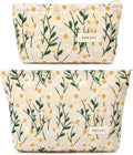 SOIDRAM 2 Pcs Makeup Bag Large Cosmetic Bag Toiletry Bag Makeup Pouch Travel Bag Organizer Cute Makeup Brushes Aesthetic Accessories Storage Bag for Women Daisy Embroidery by SOIDRAM