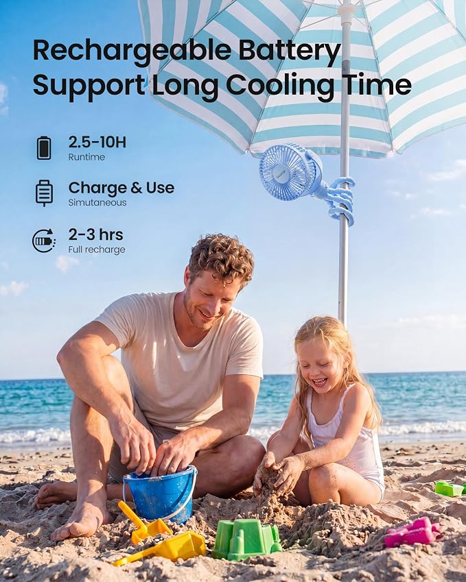 Gaiatop Mini Portable Stroller Fan, Small Clip on Fan 3 Speed Rechargeable | 360° Rotate Flexible Tripod, Battery Operated Detachable, Cooling for Car Seat Crib Treadmill Travel Blue - Image 5
