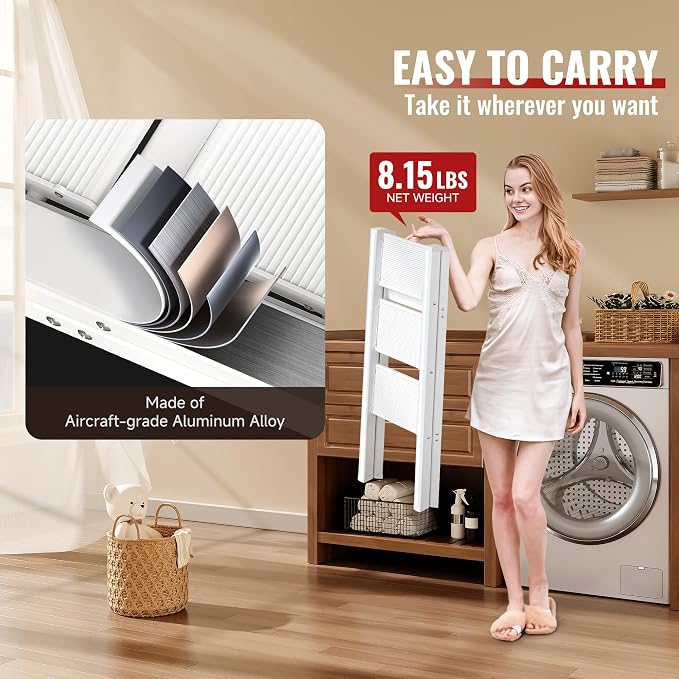 3 Step Ladder, Folding Step Stool with Anti-Slip Wide Pedal | Lightweight, Aluminum Material, 330LBS Load, Portable, Easy Storage, Space Saving, for Kitchen, Bedroom Use, White - Image 5