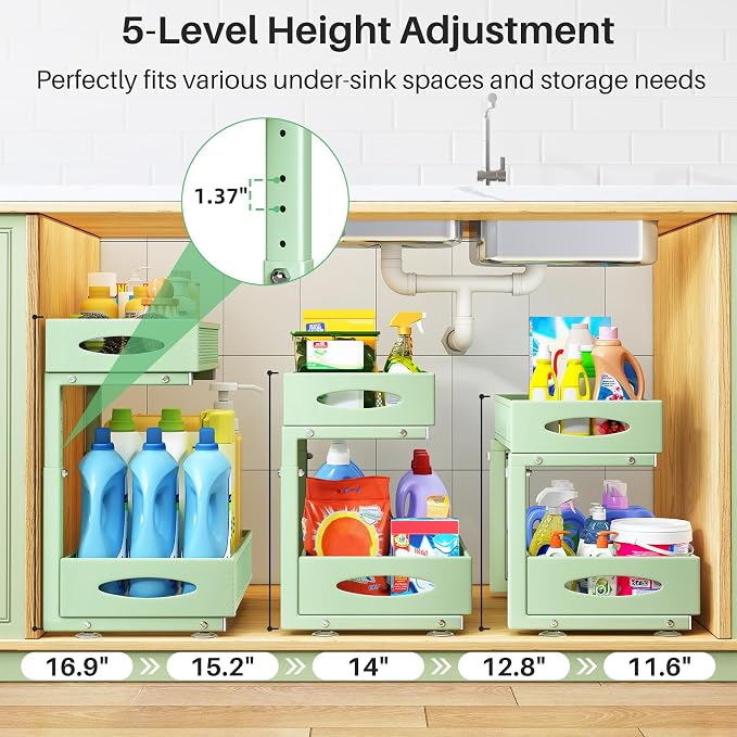 2 Pack Under Sink Organizer, 2 Tier Pull out Cabinet Organizer Mesh Baskets with 5 Adjustable Heights, Sliding Drawers Storage Shelf for Home, Kitchen, Bathroom, Pantry, Office, Countertop ,Green - Image 3