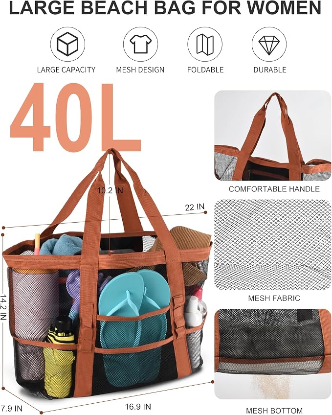 Genteen 40L Mesh Beach Bag, Foldable Sandproof Tote with Waterproof Pocket Quick Dry for Women Family Pool Vacation - Image 4