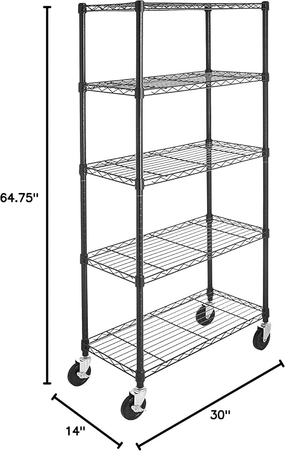Amazon Basics 5-Shelf Heavy Duty Garage Shelving Storage Rack with 4" Wheel Casters, Adjustable Metal Wire Organizer, 300 lbs Per Shelf, 30" x 14" x 64.75", Black - Image 3