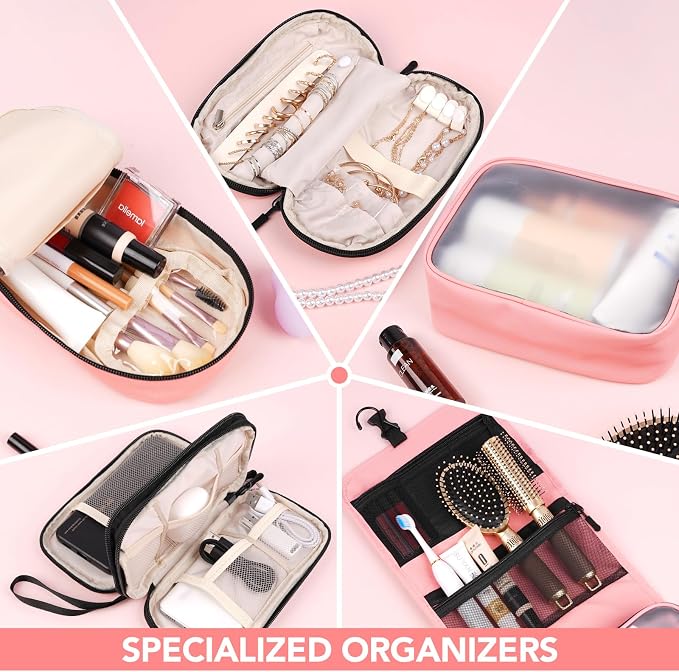 5-Piece Travel Toiletry Bag for Women, Organize Toiletries and Cosmetics | Personal Travel Essentials, with Hanging Toiletry Bag, Clear Cosmetic Bag, Makeup Bag, Jewelry Case & Cable Pouch - Pink - Image 2