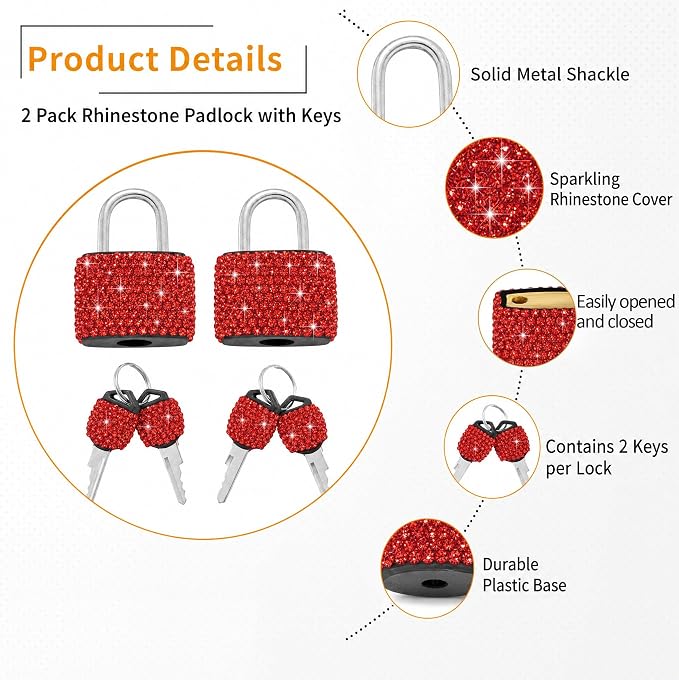 2 Pcs Small Locks with Keys Mini Luggage Locks Bling Padlock with Key Metal Lock for Locker Suitcase Bag(Red) - Image 2