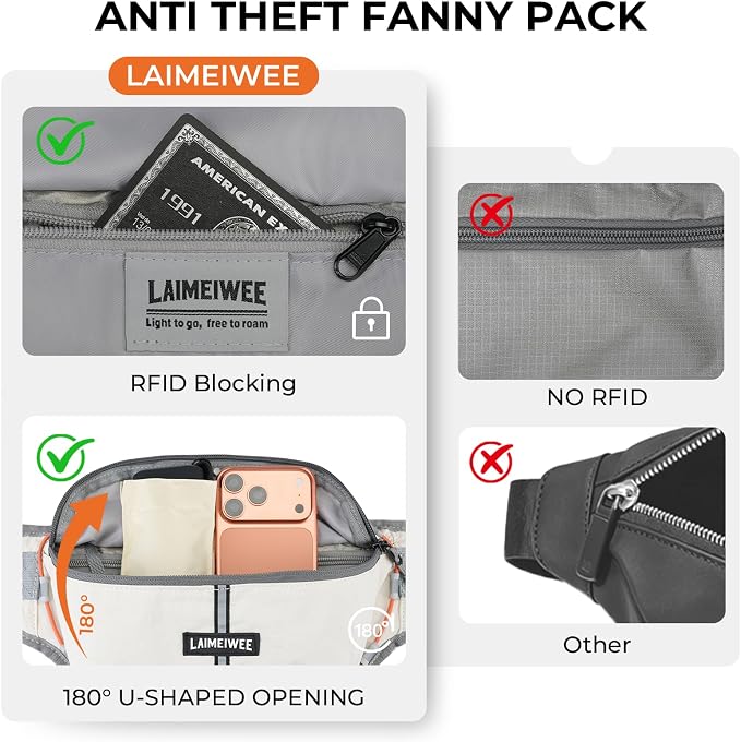 Fanny Pack for Women Men, Water-Resistant Travel Waist Pack with RFID Blocking, Wide Opening Crossbody Belt Bag for Phone, Passport, Small Hip Pack for Running, Hiking, Workout（Off-white） - Image 3
