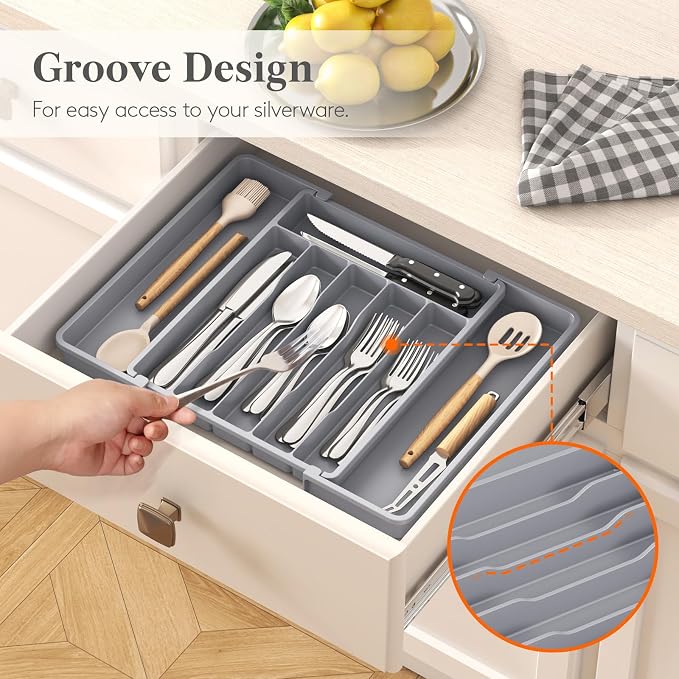 Lifewit Expandable Silverware Drawer Organizer, Kitchen Utensil Tray | BPA-free Plastic Flatware Cutlery Holder, Space-Saving Storage for Spoons Forks Knives, 11-18 x 14 x 1.5“, Gray - Image 8