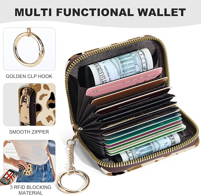 Credit Card Holder for Women,Small Rfid Wallet with Keychain Zipper,Cute PU Leather Card Case Wallet，Accordion Credit Card Wallets Gift,Brown Leopard Print - Image 2