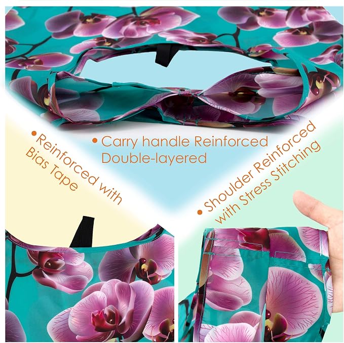 BeeGreen 10 Pack Washable Floral Grocery Bags for Shopping Reusable Tote Bags Extra Large 50LBS Cute Flower Design Foldable Reusable Bags for Women Men Lightweight Durable - Image 6