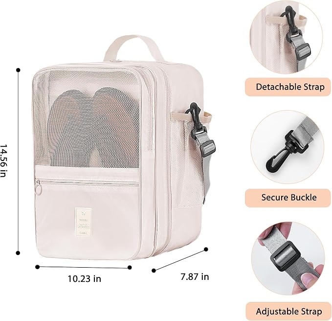 Large Shoe Bags for Travel Holds 4 Pair of Shoes, Shoe Storage Pouch with 3 Layers Compartments, Waterproof & Washable (Cream) - Image 2