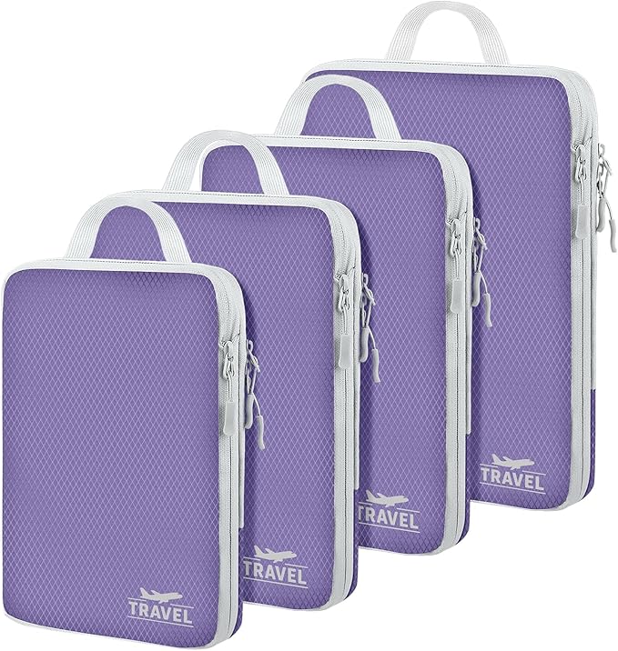 4 Set Compression Packing Cubes, Suitcase Organizer, Lightweight Travel Essentials, Compression Bags For Travel Accessories Luggage Storage Set (4 Pcs, Purple) by Unknown