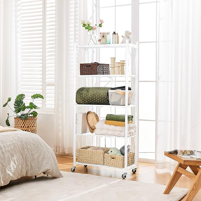 BRIAN & DANY 5-Tier Foldable Storage Shelves with Wheels, Folding Metal Rack Shelving Unit, Heavy Duty No Assembly Organizer Shelf for Garage, Kitchen, Basement, Pantry, White - Image 2