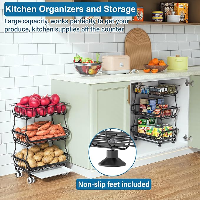 OKZEST 3-Tier Rolling Pantry Floor Organizers and Storage Cart with Wheels | Fits under pantry shelf, Stackable kitchen pantry baskets with dirt catch tray, Holds drink, snack, can, potato, onion, fruit - Image 6