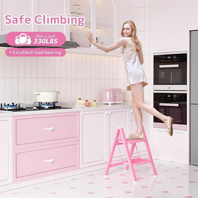 2 Step Ladder, Foldable Step Stool with Widened Pedal, Pink | Sturdy Carbon Steel, Anti-Slip Feet, Portable, 330LBS Capacity, Space Saving, for Kitchen, Bedroom, Pantry Use - Image 2