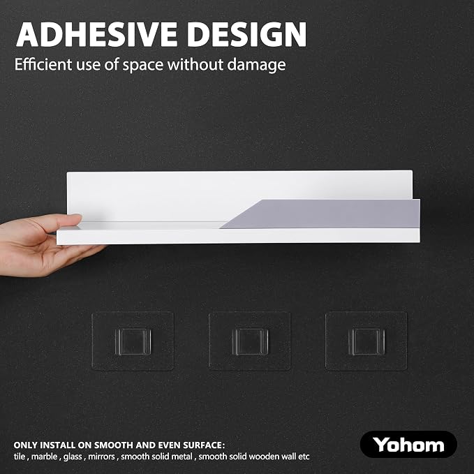 YOHOM White Floating Adhesive Bathroom Wall Storage Shelf No Drilling Display Ledge Organizer for Shower Caddy Kitchen Holder 14.96inch - Image 3