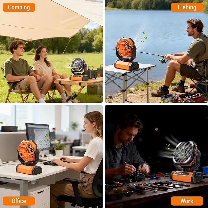 Camping Fan Rechargeable, Large Capacity Battery Powered Fans - Orange | LED Light, 4-Speed, Cordless, Hanging Hook, 270° Adjustable, Quiet, Lightweight, Battery Operated Fan for Tent Beach Outdoor - Image 7