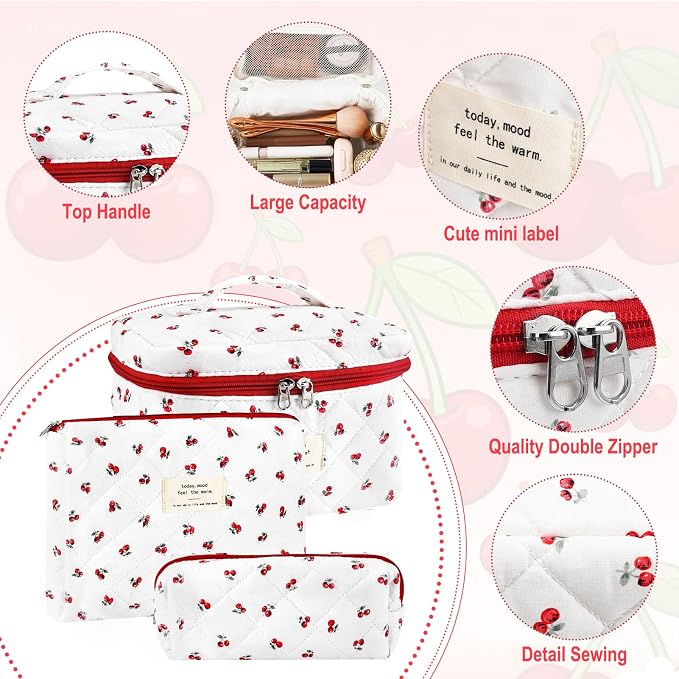 URSKYTOUS 3Pc Cotton Quilted Makeup Bag for Women Extra Large Coquette Small Floral Travel Cosmetic Bag Set Cute Cherry Makeup Pouch Portable Toiletry Bag Organizer Vintage Puffy Essential Storage Bag - Image 3