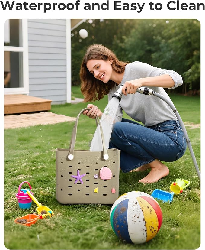 BAGSMART Beach Bag for Women, Water-resistant Rubber Tote Bag, Sandproof Vacation Essentials for Summer Swim Cruise Pool - Image 2