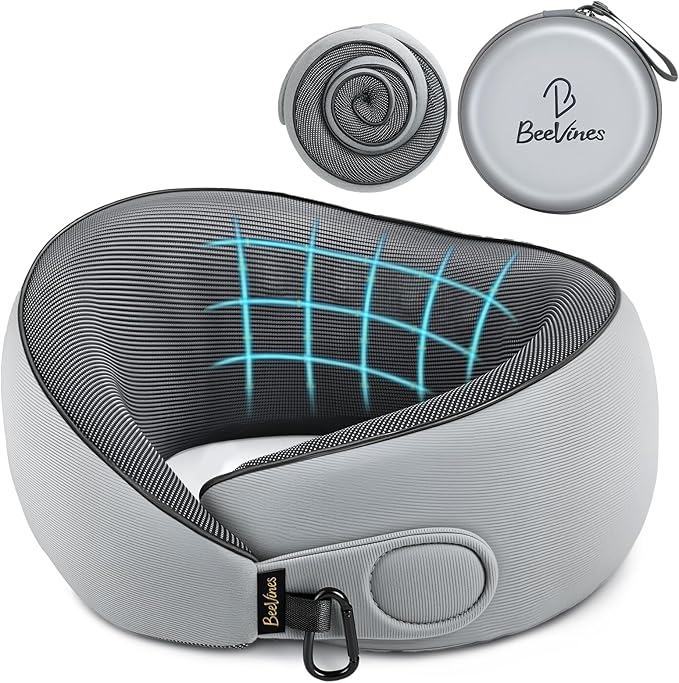 BeeVines Travel Pillow with Carry Case, Memory Foam Neck Pillows for Flight | 360° Wrap Around Support for Sleeping, Breathable & Washable Cover, for Long Flights, Car & Train Traveling by BeeVines