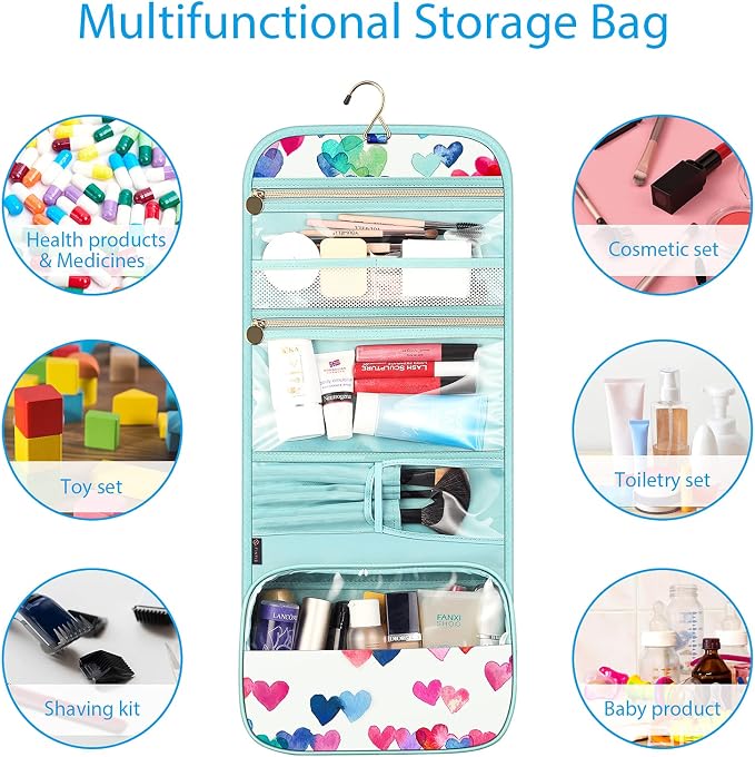 FINTIE Portable Toiletry Cosmetic Travel Bag Hanging Makeup Organizer | Large Water Resistant Storage Pouch Case, For Women Girls, Raining Hearts - Image 5